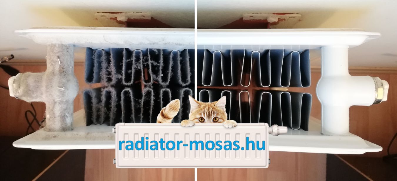 a kép a radiátortisztítást megelőző állapotot hasonlítja a tiszta radiátorhoz.
